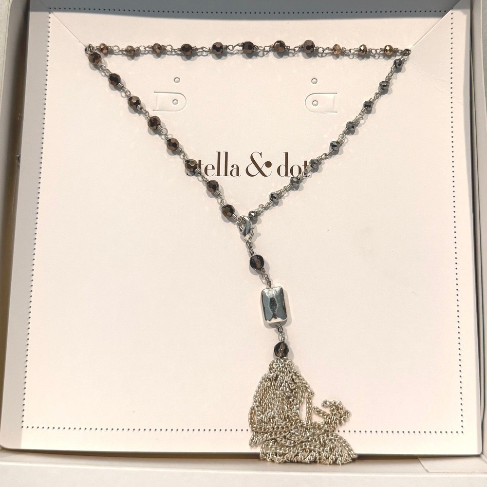 Stella & Dot Tassel Lariat Multi Strand Beaded Necklace Women Silver NWT